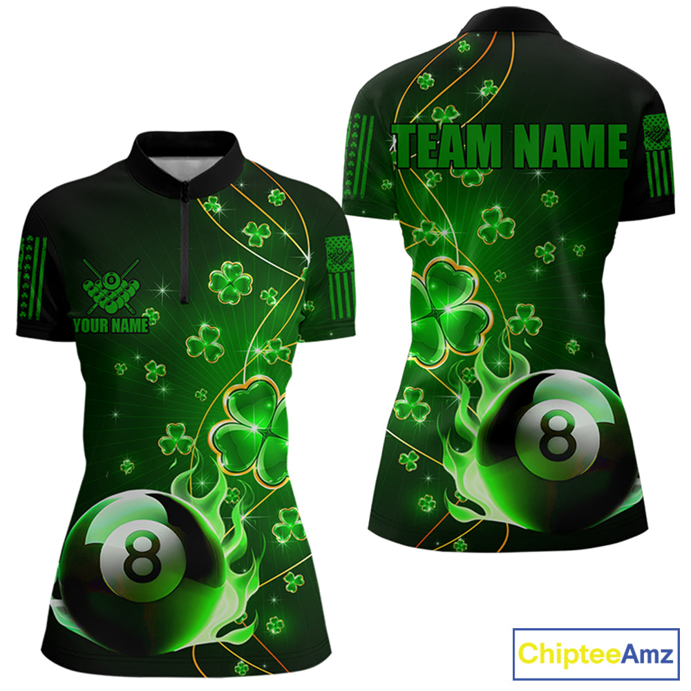 Green 8 Ball Pool Fire Luckiest Shamrock Women Billiard Shirt Custom St Patrick Day Billiard Jerseys TDM3389