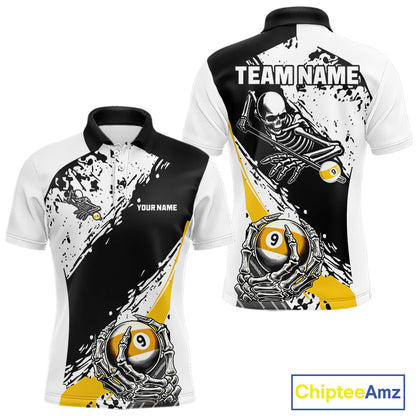 9 Ball Skeleton Custom Billiard Polo & 1/4 Zip Shirts For Men, Funny 9 Ball Pool Billiard Jerseys TDM5675