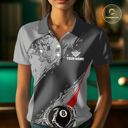 8 Ball Skeleton Custom Billiard Polo & 1/4 Zip For Women, Funny 8 Ball Pool Billiard Team Jersey|Red TDM5676