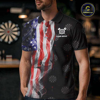 Personalized American Flag Smoke Darts Shirt For Men, Patriotic Darts Jersey Team Polo & 1/4 Zip TDM5680