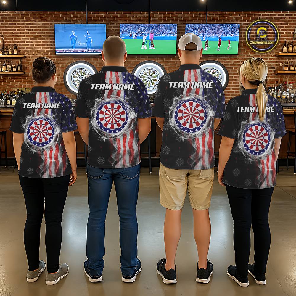 Personalized American Flag Smoke Darts Shirt For Men, Patriotic Darts Jersey Team Polo & 1/4 Zip TDM5680