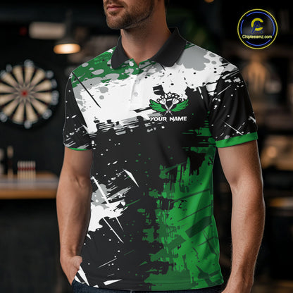 Custom Green Grunge Darts Shirt With Pocket Option For Men, Dart Team Jersey TDM5887