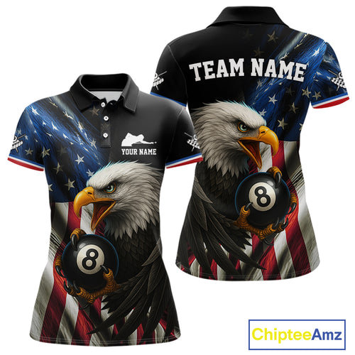 American Flag Eagle 8 Ball Womens Billiard Polo & 1/4 Zip Custom Patriotic Team Billiard Pool Jersey TDM3866