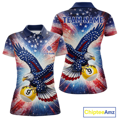 Custom 9 Ball American Flag Eagle Billiard Shirt For Women, Patriotic Pool Team Jersey Polo, 1/4 Zip TDM6282