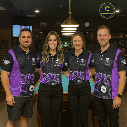 Black And Purple 8 Ball Pool And Roses Custom Skull Billiard Shirts For Women, Billiard Team Jersey TDM6287