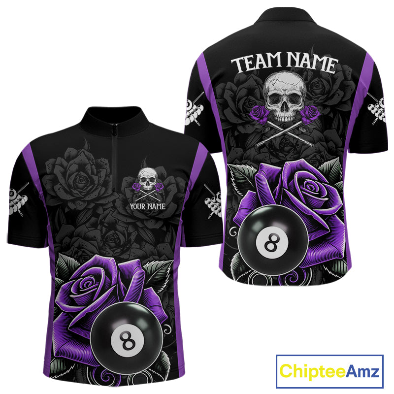 Black And Purple 8 Ball Pool And Roses Custom Skull Billiard Shirts For Men, Billiard Team Jersey TDM6287