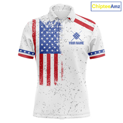 White American flag 9 ball billiard polo shirt for men with patriotic pool team graphics.
