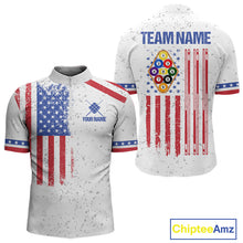 Load image into Gallery viewer, White American flag 9 ball billiard quarter zip shirt for men built for tournaments and league play.