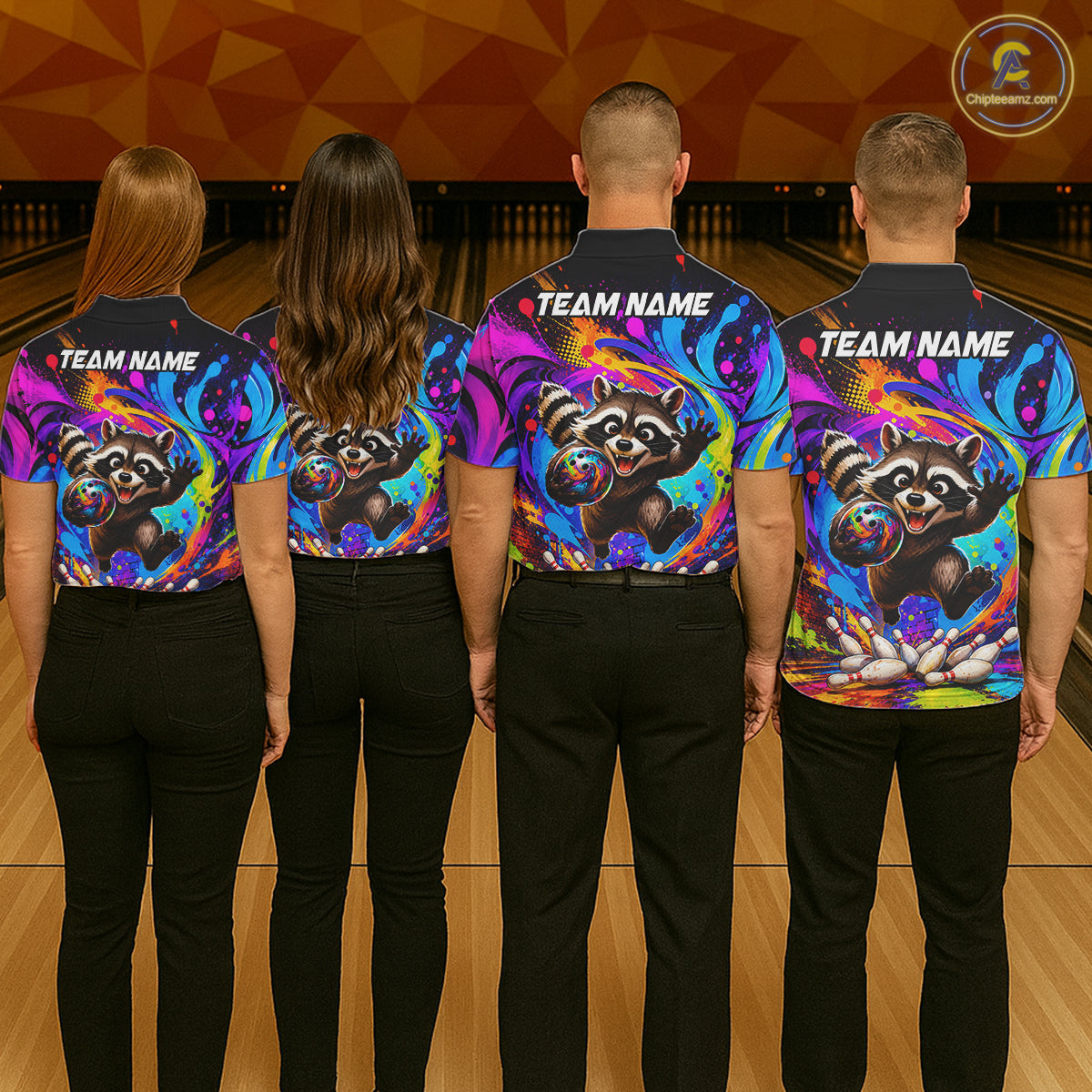 Bowling team wearing matching colorful raccoon bowling jerseys back view.