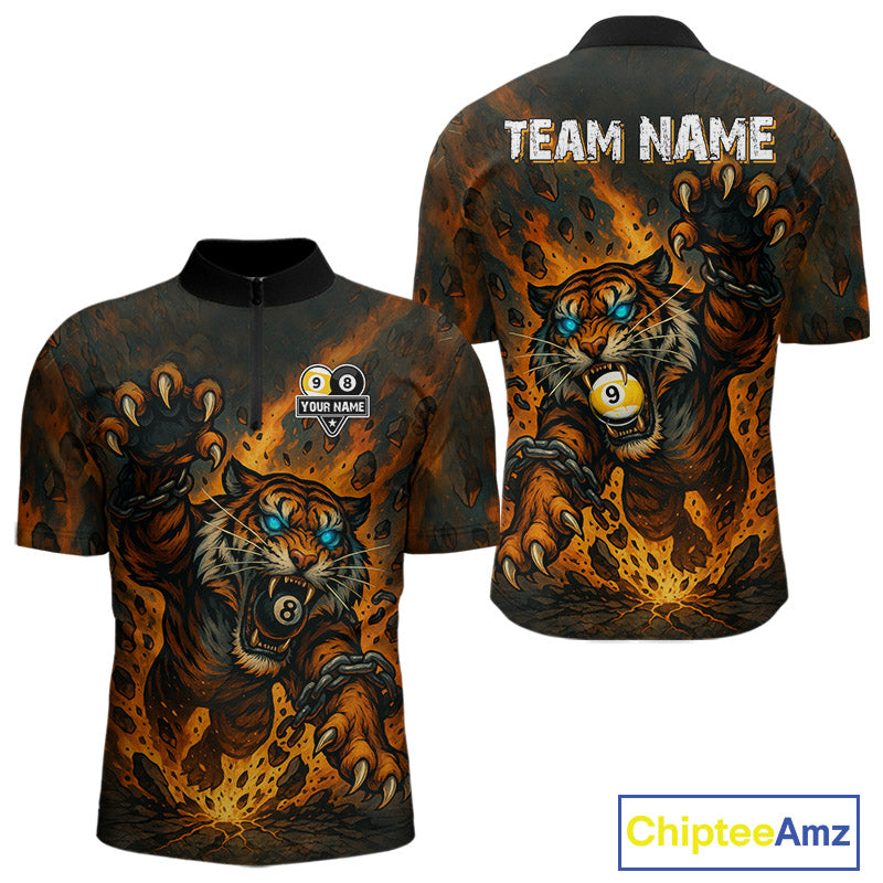 Personalized 8 & 9 Ball Tiger Fire Billiard Shirt For Men Custom Pool Team Jersey Polo & 1/4 Zip TDM4539