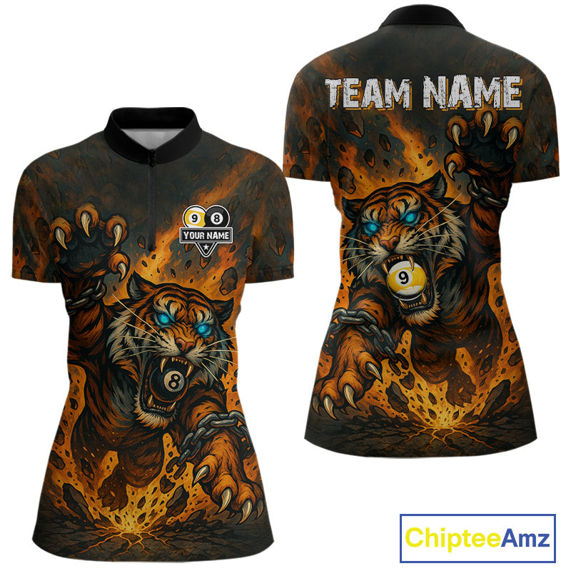 Personalized 8 & 9 Ball Tiger Fire Billiard Shirt For Women Custom Pool Team Jersey Polo & 1/4 Zip TDM4539