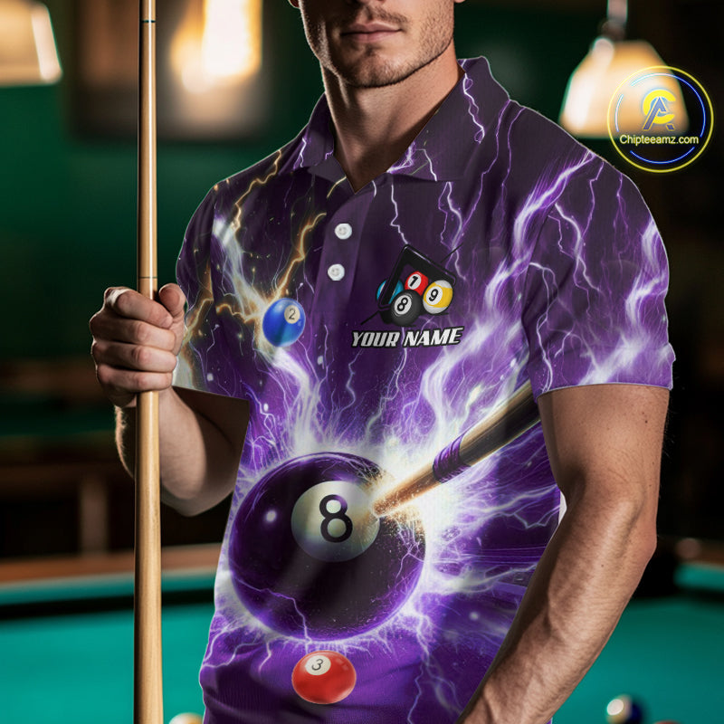 Thunder Lightning Strike 8 Ball Men Billiard Shirts Custom Purple Billiard League Pool Team Jersey TDM4544