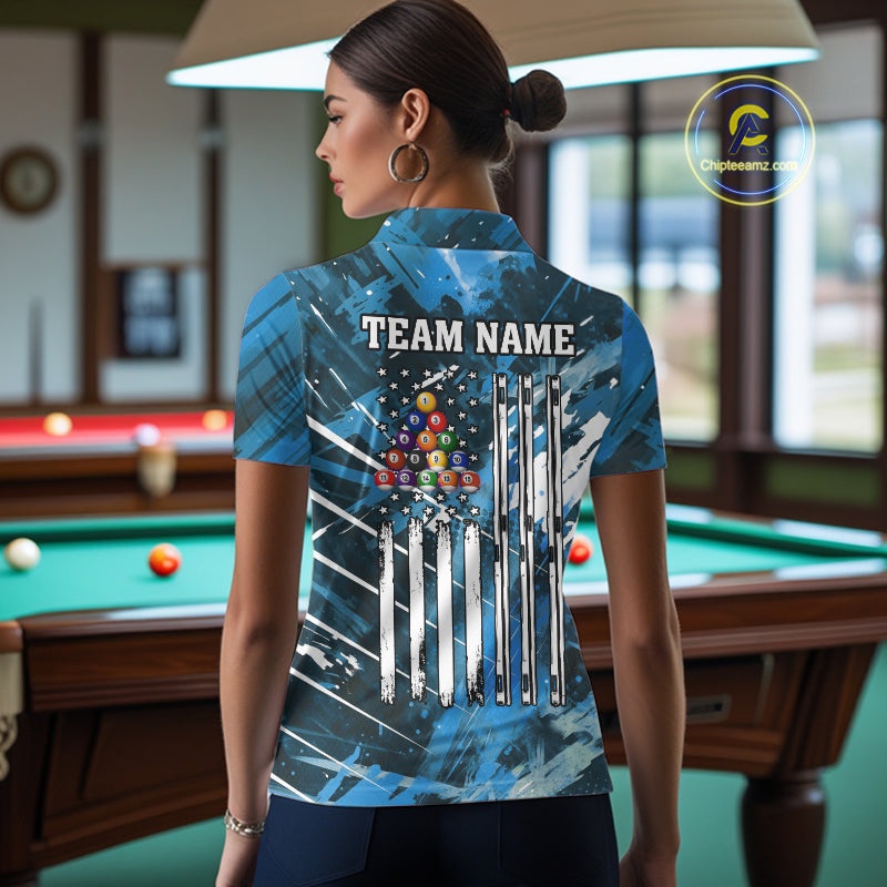 Blue Grunge US Flag Billiard Shirt For Women Custom 8 Ball Pool Team Shirt, Funny Billiard Jersey TDM4971