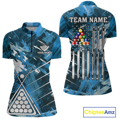Blue Grunge US Flag Billiard Shirt For Women Custom 8 Ball Pool Team Shirt, Funny Billiard Jersey TDM4971