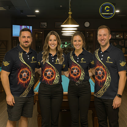 Personalized 8 Ball Fire Gold Tribal Billiard Shirt For Women, Billiard Jersey Team Polo & 1/4 Zip TDM5401