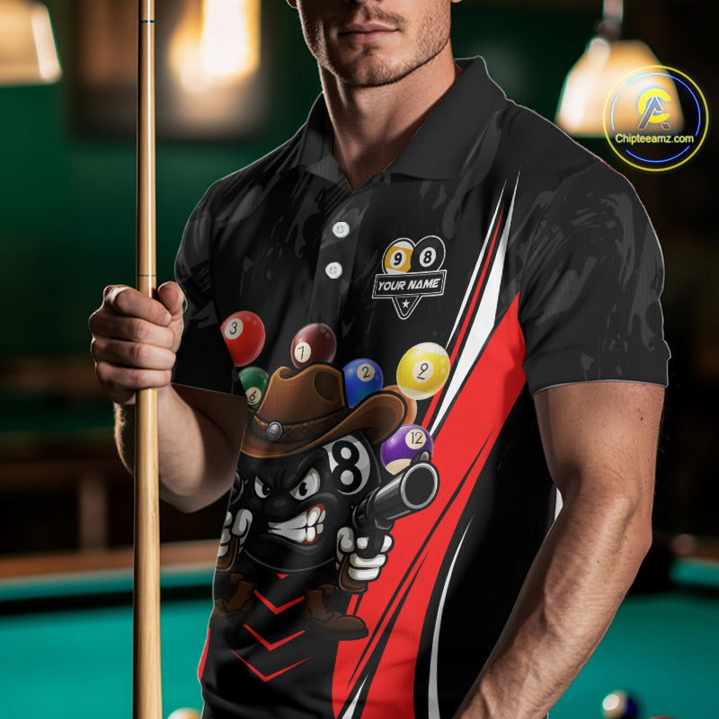 Funny 8 Ball & 9 Ball Billiard Shirt For Men Custom Black And Red Pool Team Shirt, Billiard Jersey TDM5408