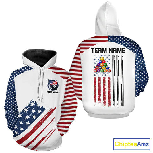 White Grunge American Flag Billiard Hoodie Custom Patriotic 8 Ball Hoodie Pool Team Jersey TDM5687
