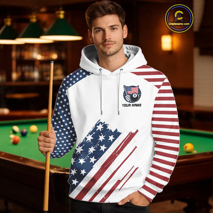 White Grunge American Flag Billiard Hoodie Custom Patriotic 8 Ball Hoodie Pool Team Jersey TDM5687
