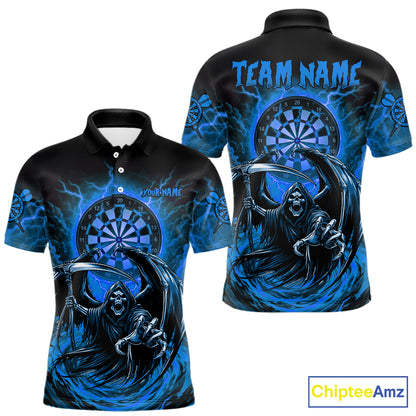 Personalized Blue Grim Reaper Lightning Darts Shirt For Men, Darts Team Jersey Polo & 1/4 Zip TDM5897