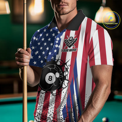 Funny Break 8 Ball Pool Billiard Shirt For Men Custom American Flag Pool Jersey Team Polo, 1/4 Zip TDM6036