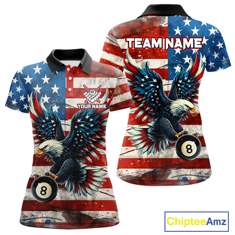Personalized Vintage American Flag Eagle Billiard Shirt For Women, Patriotic 8 Ball Pool Jerseys TDM4155