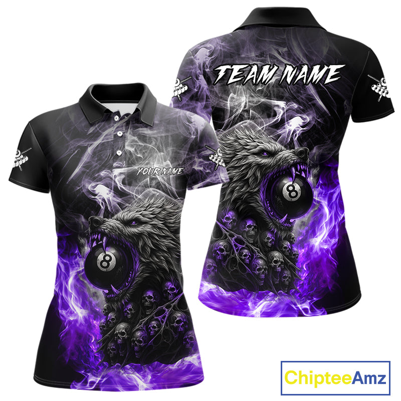 Personalized Purple 8 Ball Pool Wolf And Skull Billiard Shirt For Women, Smoke Billiard Team Jerseys TDM4159