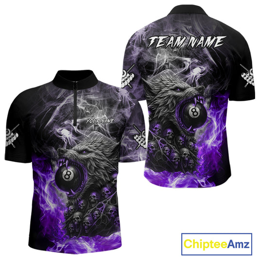 Personalized Purple 8 Ball Pool Wolf And Skull Billiard Shirt For Men, Smoke Billiard Team Jerseys TDM4159