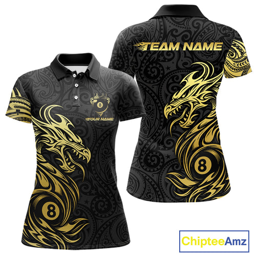 Personalized Black And Gold Tribal Dragon Billiard Shirt For Women Custom 8 Ball Pool Team Jerseys TDM4160