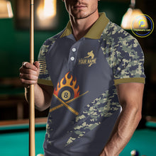 Load image into Gallery viewer, Personalized Flame 8 Ball Camo Billiard Shirts Custom Navy Blue Pool Team Jerseys Polo &amp; 1/4 Zip TDM4332