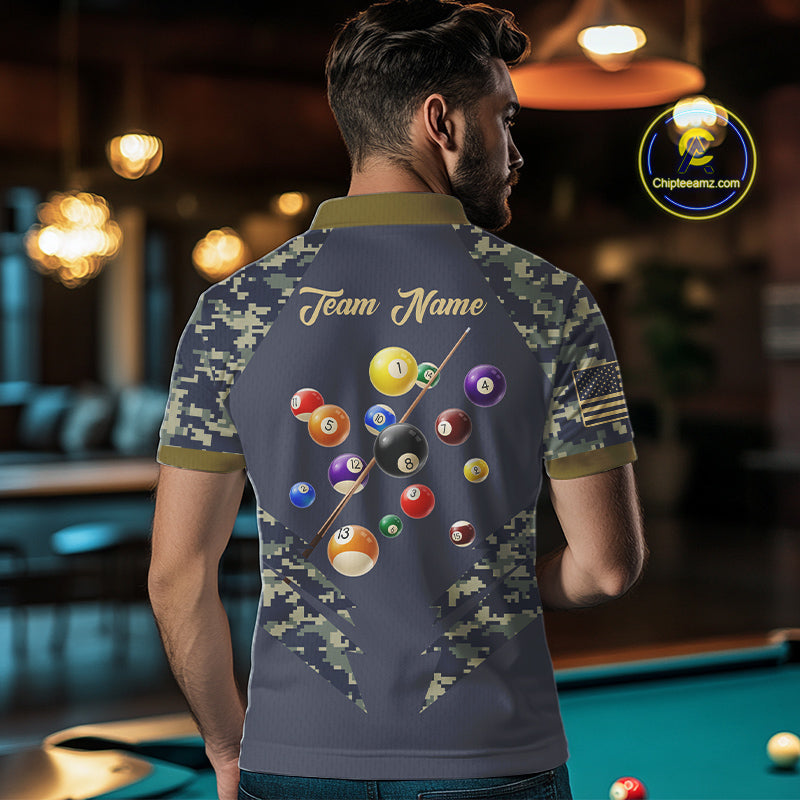 Personalized Flame 8 Ball Camo Billiard Shirts Custom Navy Blue Pool Team Jerseys Polo & 1/4 Zip TDM4332