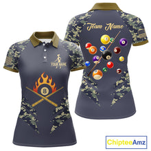 Load image into Gallery viewer, Personalized Flame 8 Ball Camo Billiard Shirts Custom Navy Blue Pool Team Jerseys Polo &amp; 1/4 Zip TDM4332
