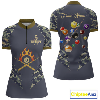 Personalized Flame 8 Ball Camo Billiard Shirts Custom Navy Blue Pool Team Jerseys Polo & 1/4 Zip TDM4332