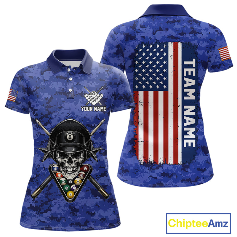 Personalized Blue Camo Skull Billiard Shirt For Women Custom Patriotic US Flag Pool Team Jersey TDM5166