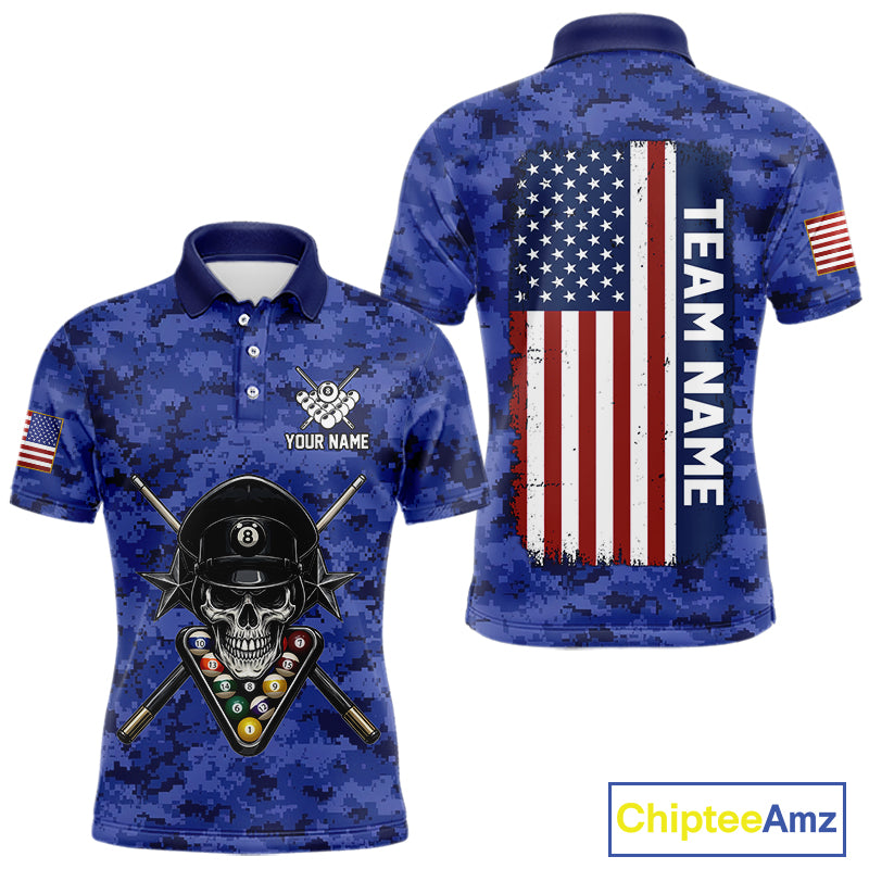 Personalized Blue Camo Skull Billiard Shirt For Men Custom Patriotic US Flag Pool Team Jersey TDM5166