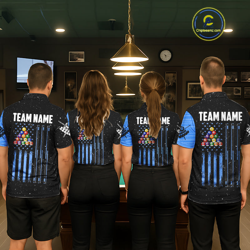Custom Grunge American Flag 8 Ball Billiard Polo & 1/4 Zip For Men, Pool Team Jersey |Blue TDM5902