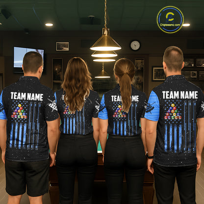 Custom Grunge American Flag 8 Ball Billiard Polo & 1/4 Zip For Men, Pool Team Jersey |Blue TDM5902