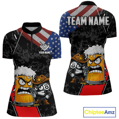 Funny Beer US Flag 8 Ball Pool Billiard Shirt For Women Custom Billiard Team Jersey Polo & 1/4 Zip TDM6047