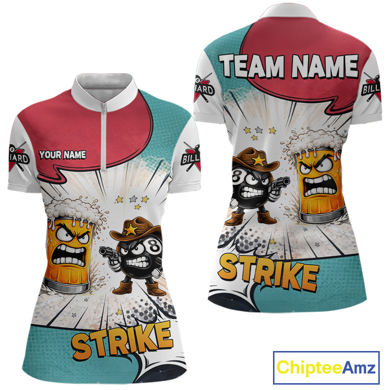 Funny Beer 8 Ball Billiard Shirt For Women Custom Pool Team Jersey Polo & 1/4 Zip, Billiard Outfit TDM6053