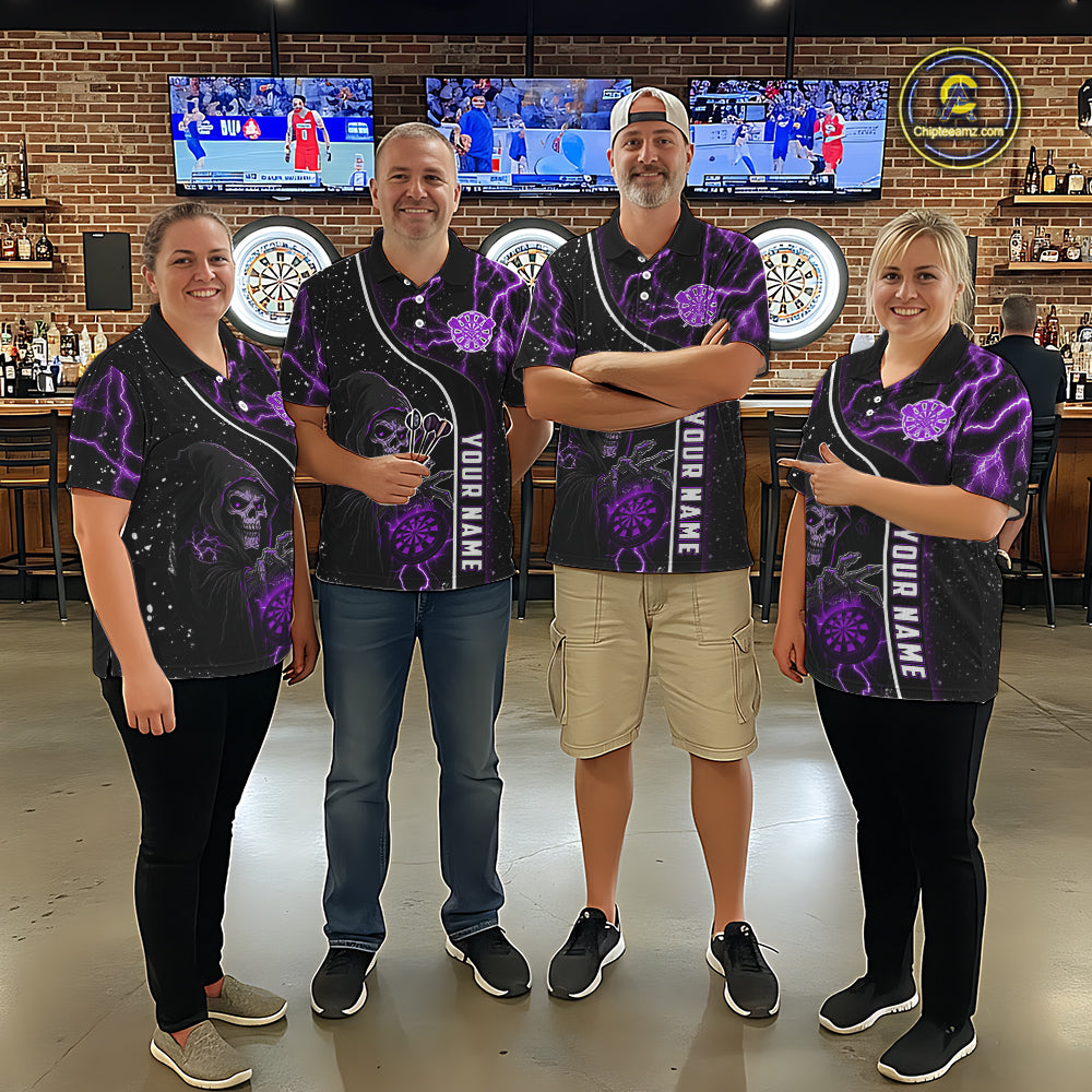 Custom Purple Darts Lightning Grim Reaper Polo & 1/4 Zip, Darts Shirt For Women, Darts Team Jersey TDM6309