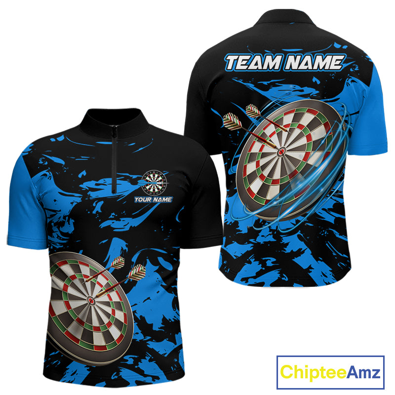 Personalized Black And Blue Splash Dart Polo & Quarter Zip Custom Dart Shirt For Men Darts Jersey TDM4167