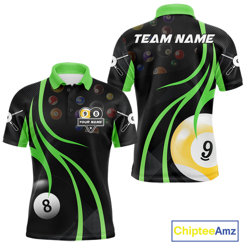 Green 8 ball and 9 ball billiard polo shirt for men with custom pool team graphics.