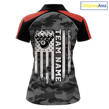Load image into Gallery viewer, Grey camouflage American flag 8 ball billiard polo shirt for women with custom pool team graphics.