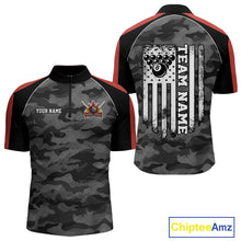 Load image into Gallery viewer, Grey camouflage American flag 8 ball billiard quarter zip shirt for men designed for league tournaments and team events.