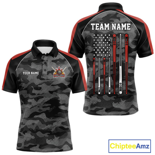 Red camouflage American flag 8 ball billiard polo shirt for men with custom pool team graphics.