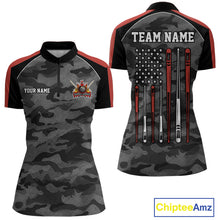 Load image into Gallery viewer, Red camouflage American flag 8 ball billiard quarter zip shirt for women built for tournaments and league competition.