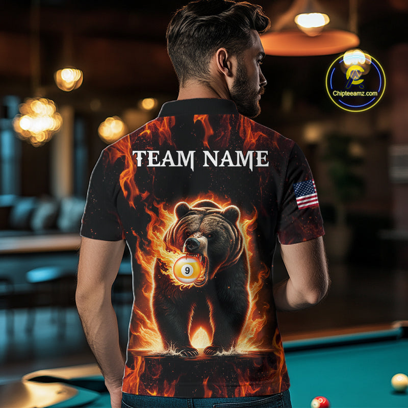 Man wearing custom funny bear 8 ball and 9 ball pool fire flame billiard team jersey polo shirt featuring the colorful bear artwork, back view.