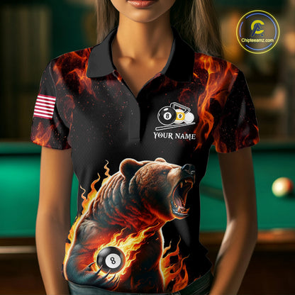 Woman wearing custom funny bear 8 ball and 9 ball pool fire flame billiard team jersey polo shirt featuring the colorful bear artwork, front view.