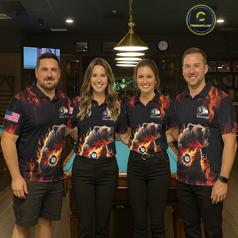Billiard team wearing matching custom funny bear 8 ball and 9 ball fire flame pool jerseys featuring the vibrant bear design, front view.