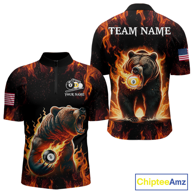Custom funny bear 8 ball and 9 ball pool fire flame billiard team jersey quarter zip shirt for men featuring vibrant fire bear artwork and premium league styling.