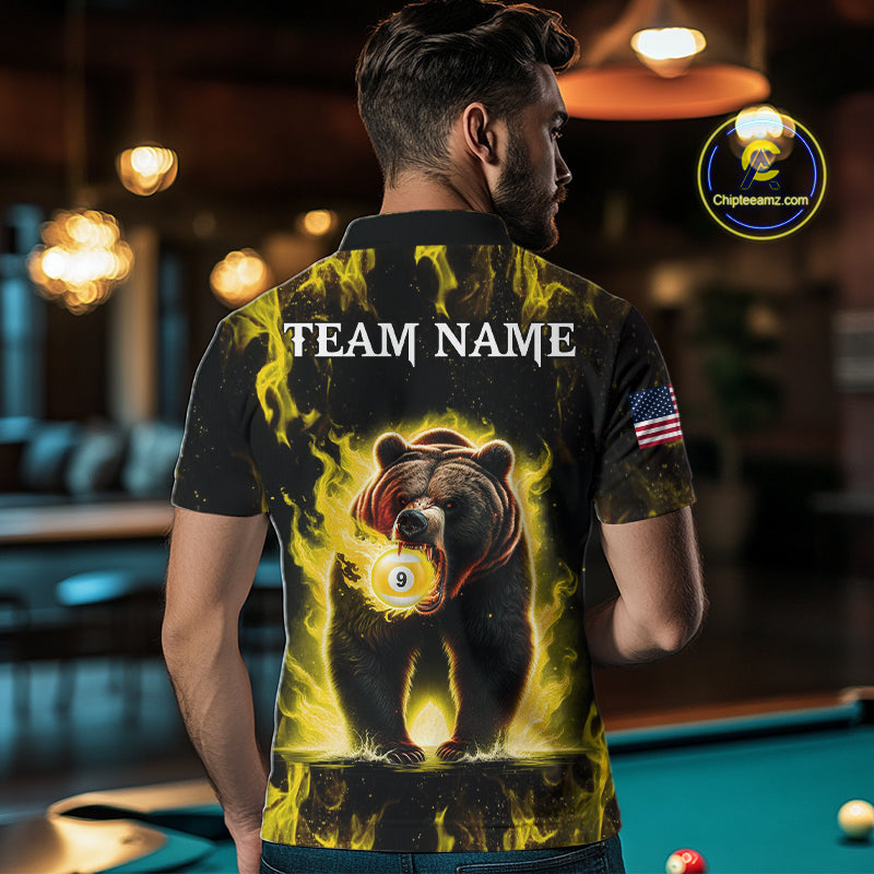 Man wearing custom yellow flaming 9 ball pool bear billiard team jersey polo shirt featuring the fiery bear artwork, back view.